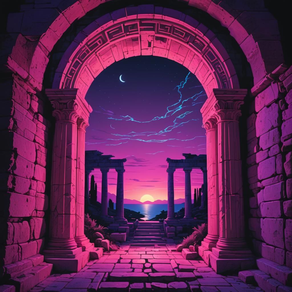 Psychedelic Dark Fantasy Scene with Greek Archway