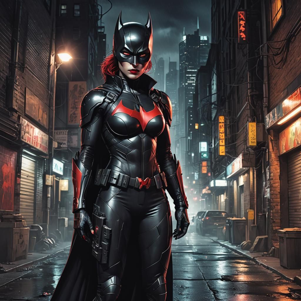 Futuristic Batwoman in Gotham City, Cyberpunk Comic Art
