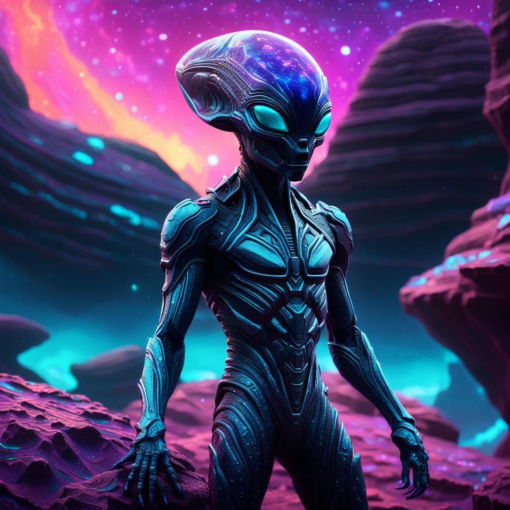 Galaxy Alien on Crystal Rock: Sci-Fi Concept Art