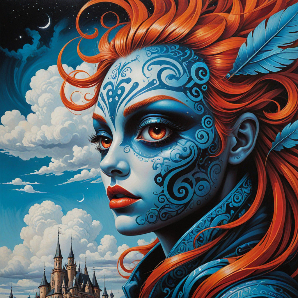 Vibrant Street Art Spirit with Swirling Clouds