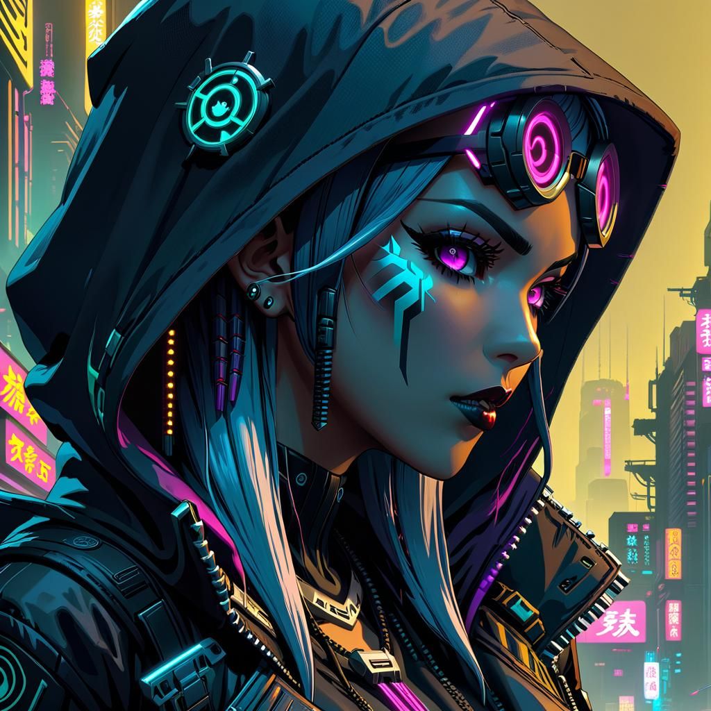 Cyberpunk Necromancer in Cybernetic City, Anime Art