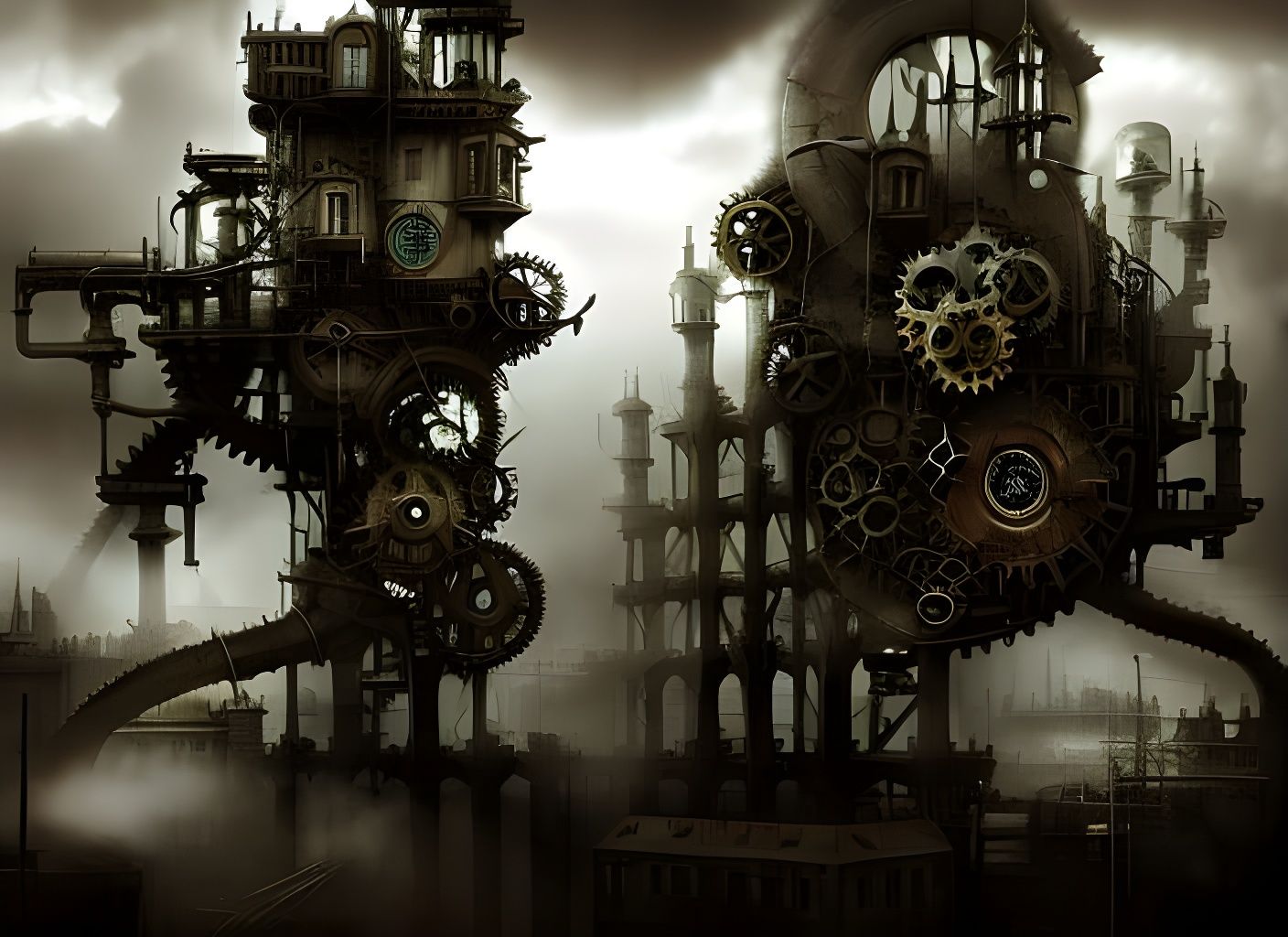 Steampunk City with Gears and Black Smoke