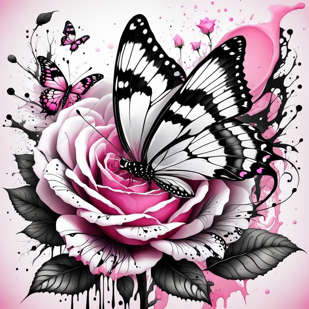 Butterfly on Rose in Splatter Ink Concept Art