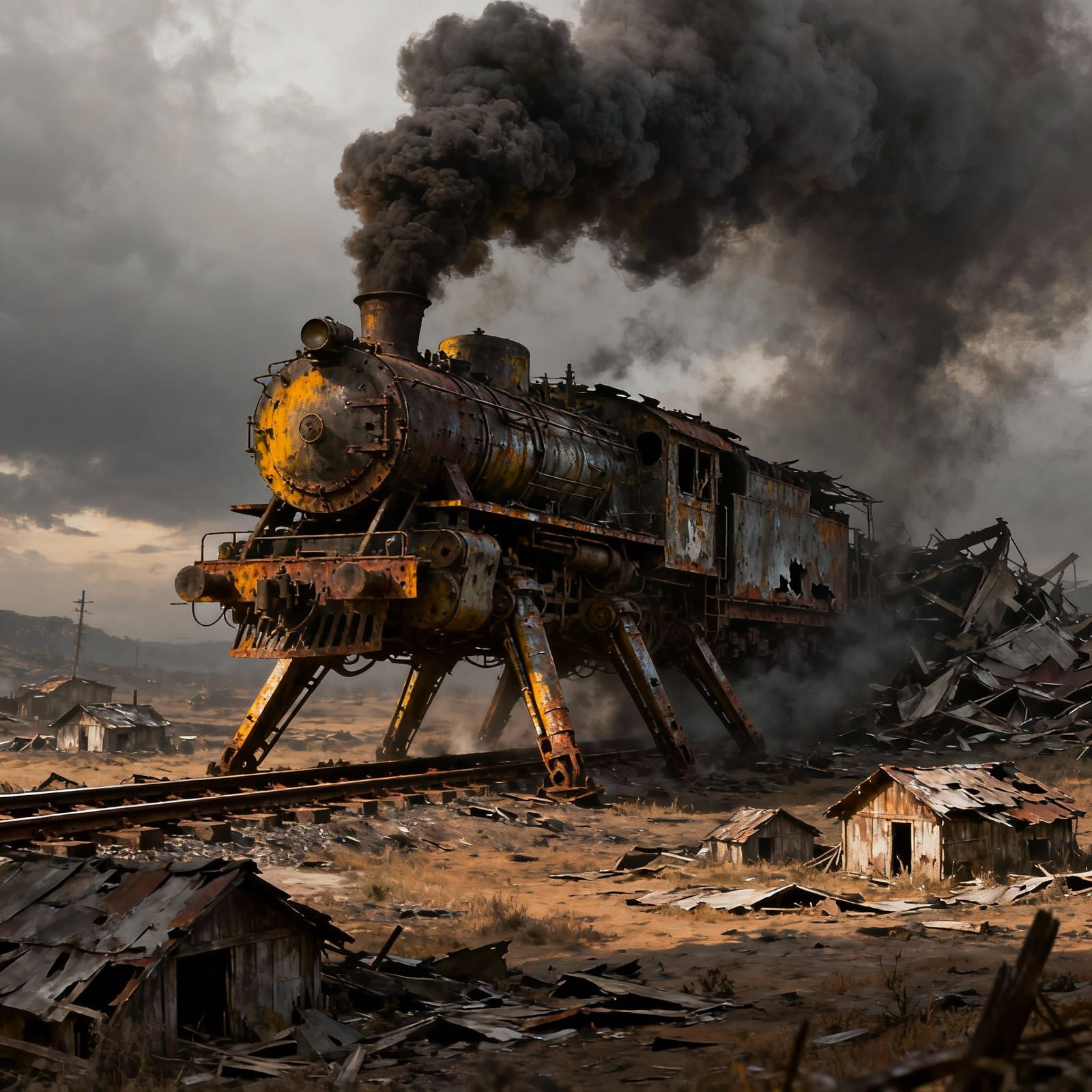 Damaged Steam Train with Metal Legs on Broken Landscape