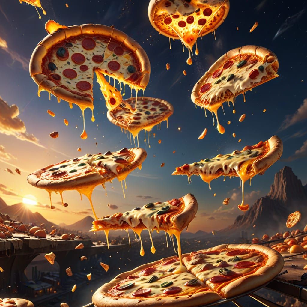 Sci-Fi Pizzas Soaring Through a Futuristic Sky