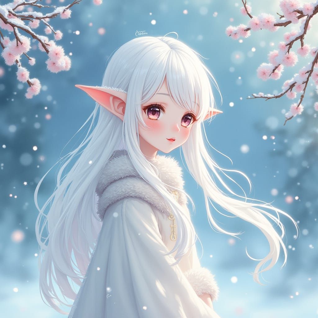 Winter Elf Maiden in Whimsical Winter Wonderland Anime Style