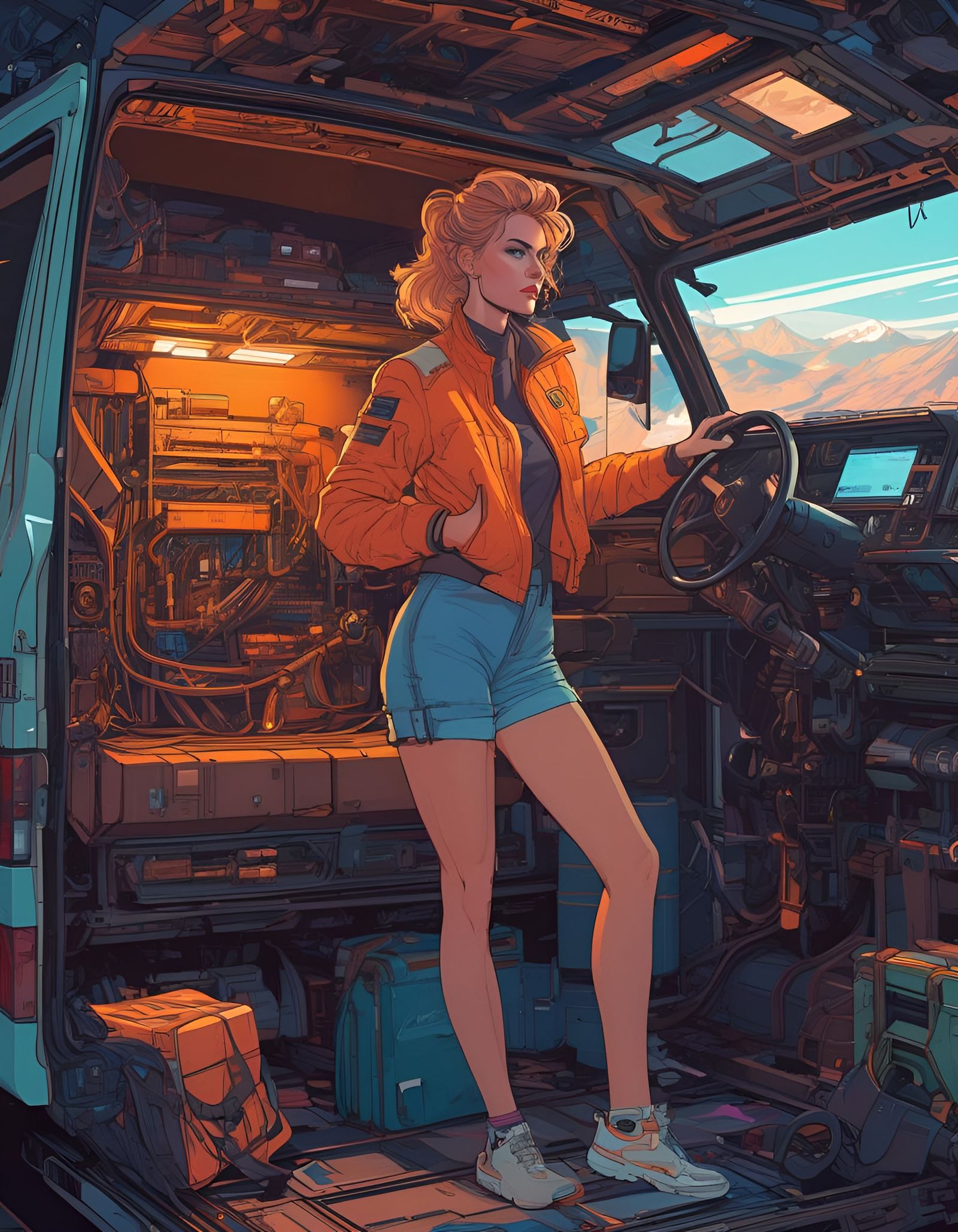 Mechanical Woman Working on Van in Anime Style