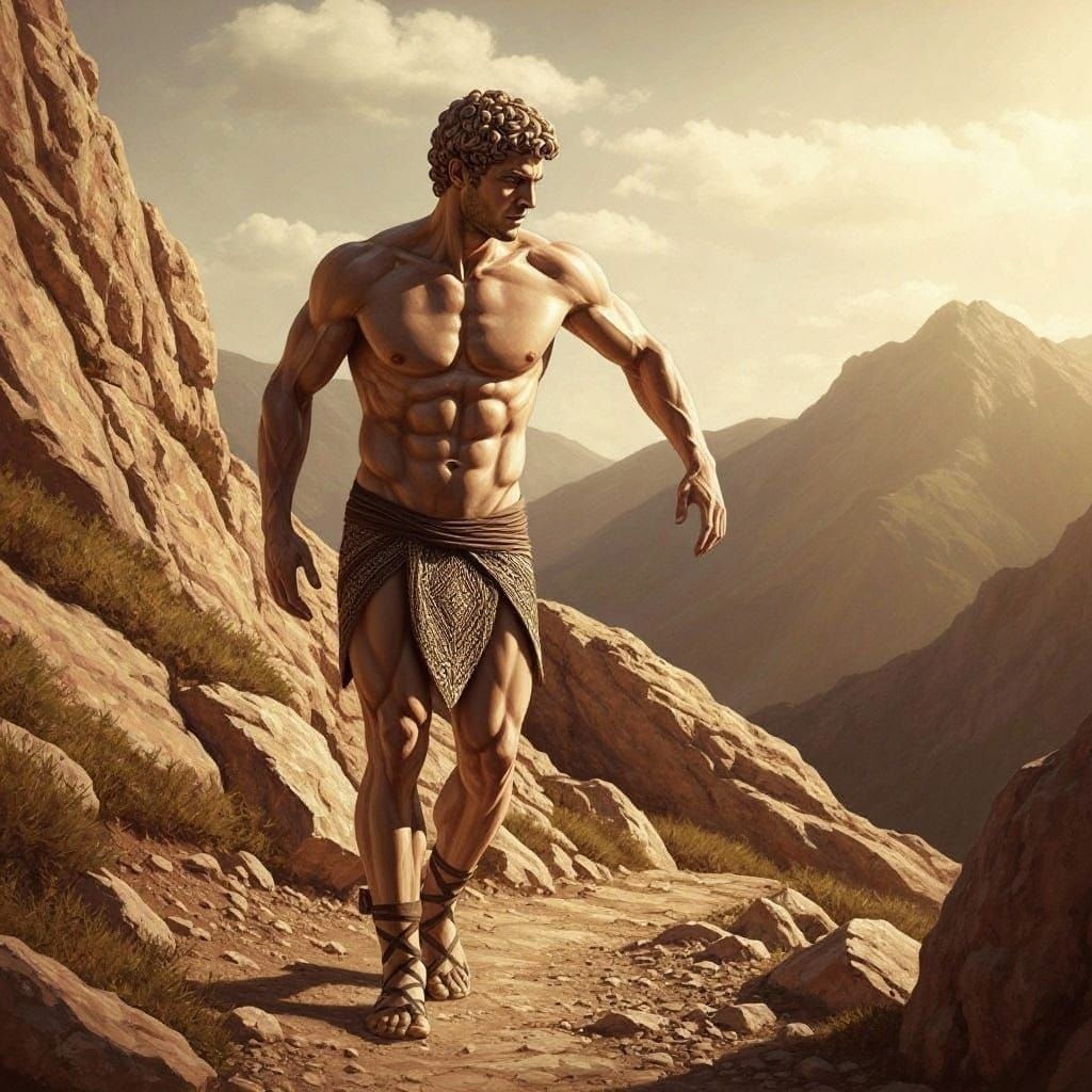 Ancient Greek Hero Theseus Ascends Mountain Path