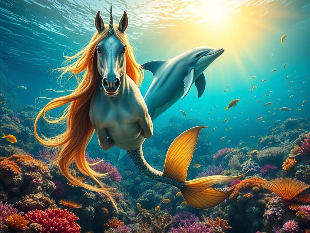 Majestic Mermaid Unicorn Hybrid in Vibrant Coral Reef
