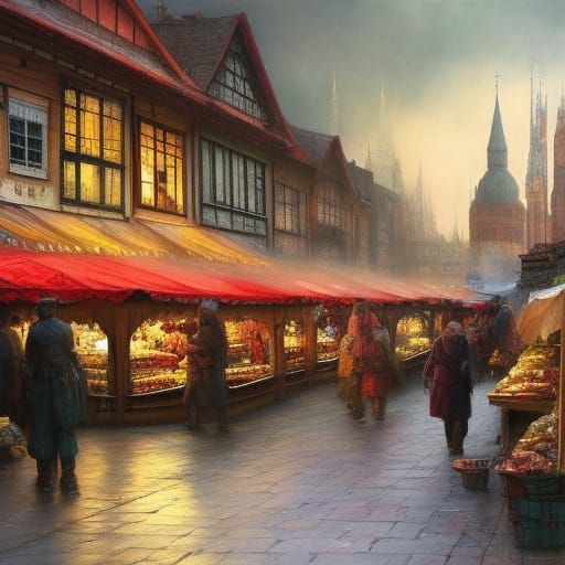 Lively City Market Wimmelbild with Zentangle Elements