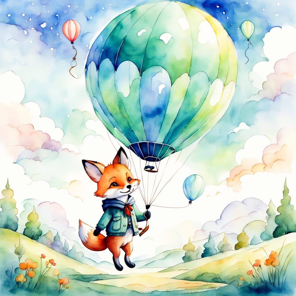 Fox Cub's Balloon Adventure: Watercolor Cartoon