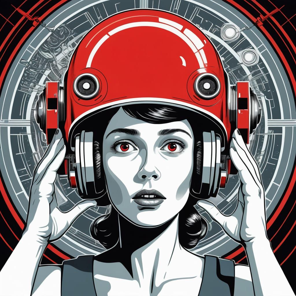 Fearful Woman Under Retrofuturistic Brain Control in Red and...