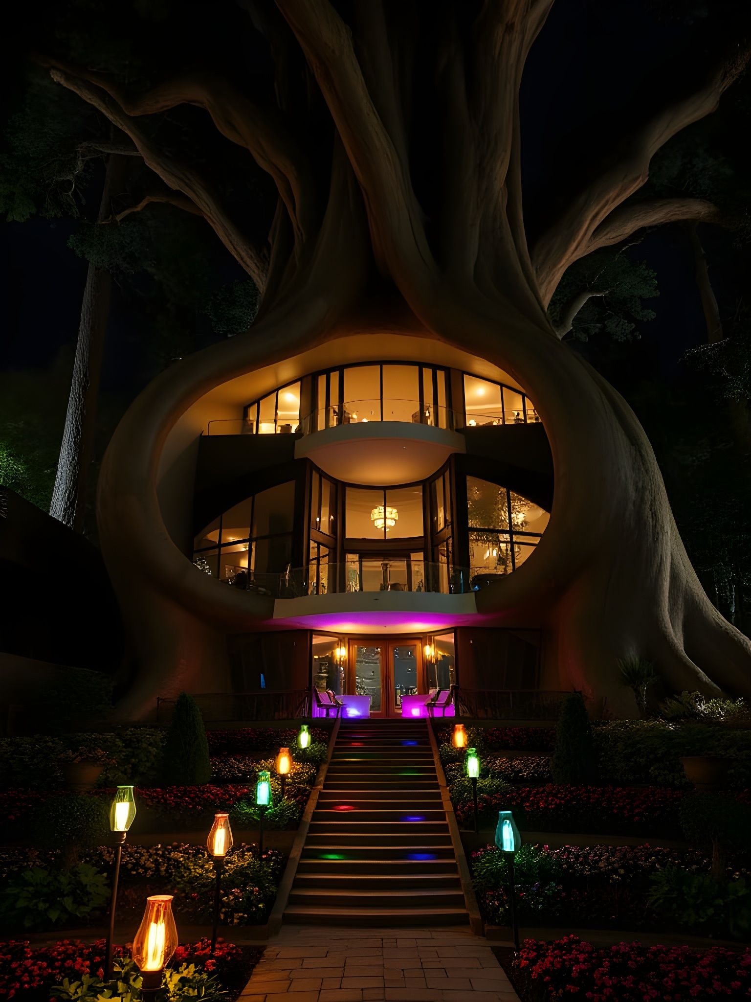 Biomorphic House in Sequoia Tree at Night