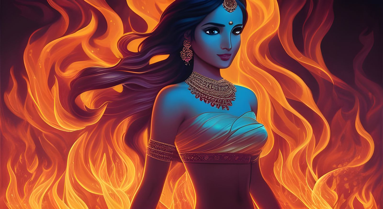 Mystic Godwoman Portrait with Fire Magic, Cel-Shaded Illustr...