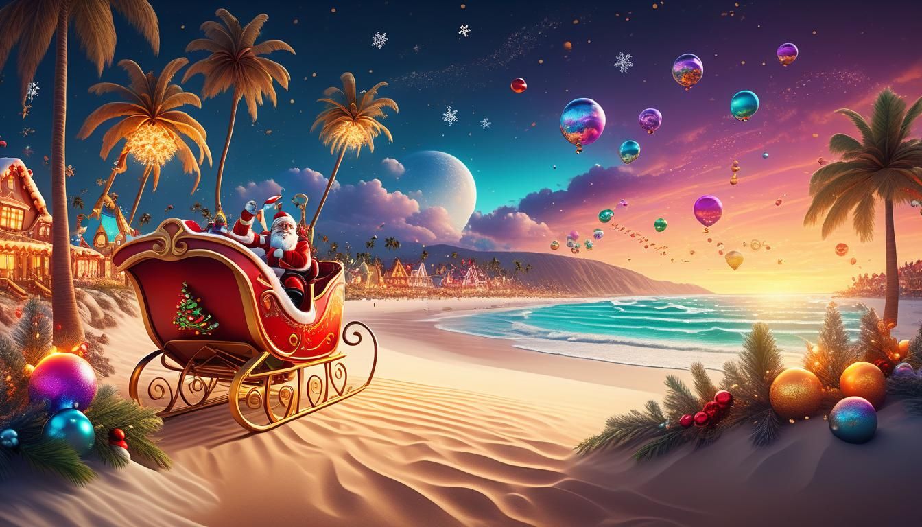 Christmas Wonderland Over a Tropical Beach in Vibrant Colors