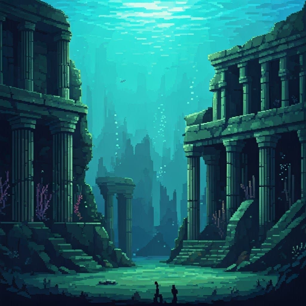 ruins of atlantis underwater, pixel art