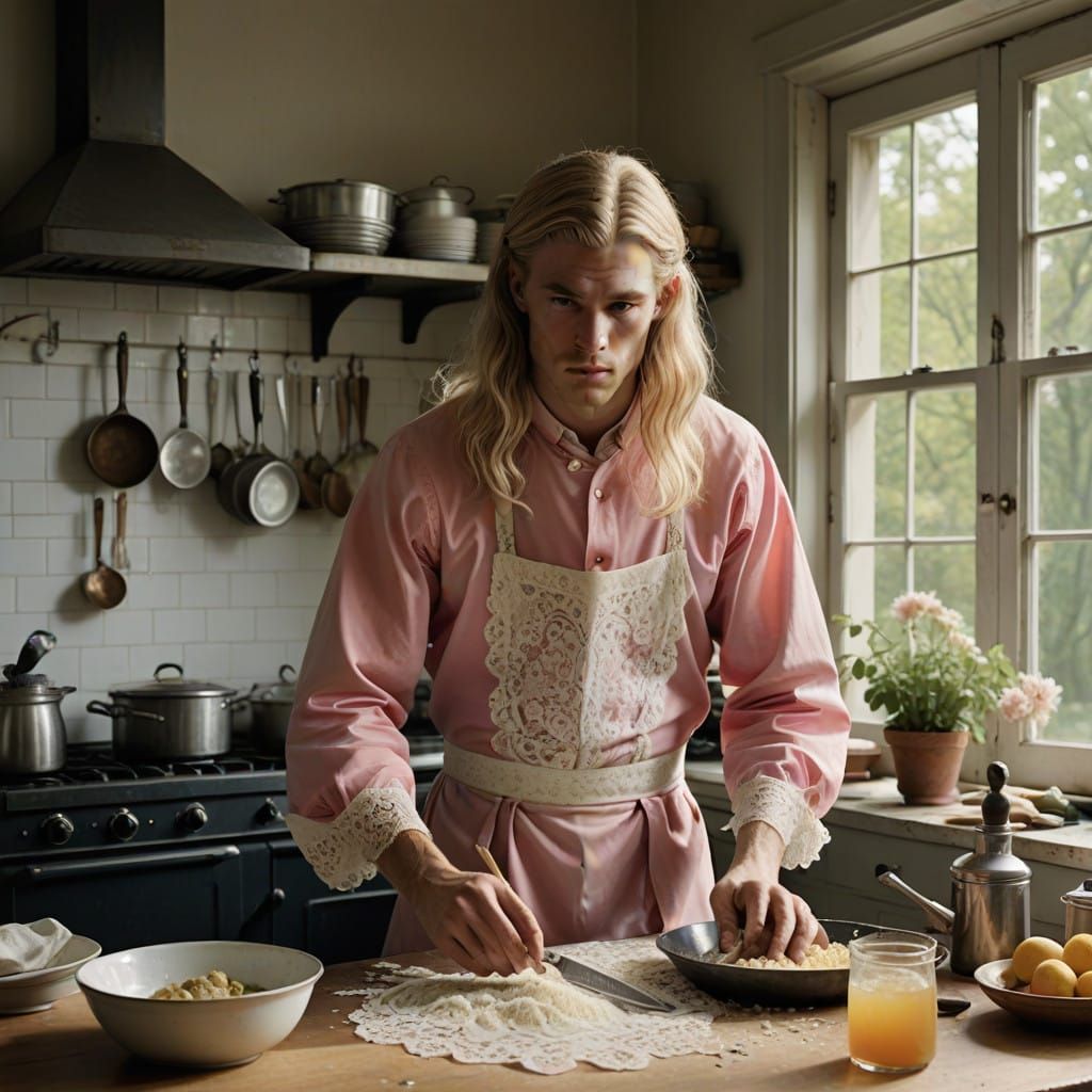 Youthful Gentleman in Kitchen, Pastel Pink A-Line Dress, Vib...