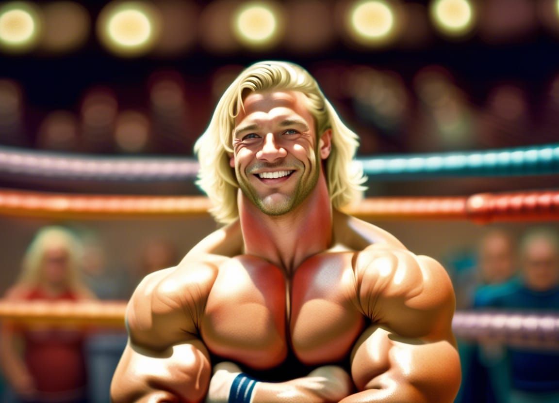 Smiling Bodybuilder in Wrestling Ring, Painterly Style