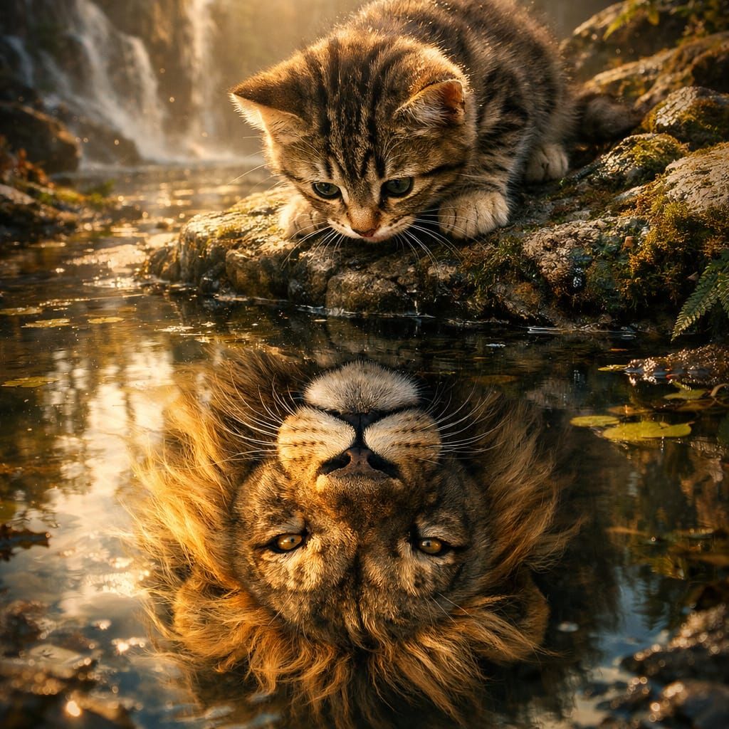 Kitten's Reflection Reveals Majestic Lion