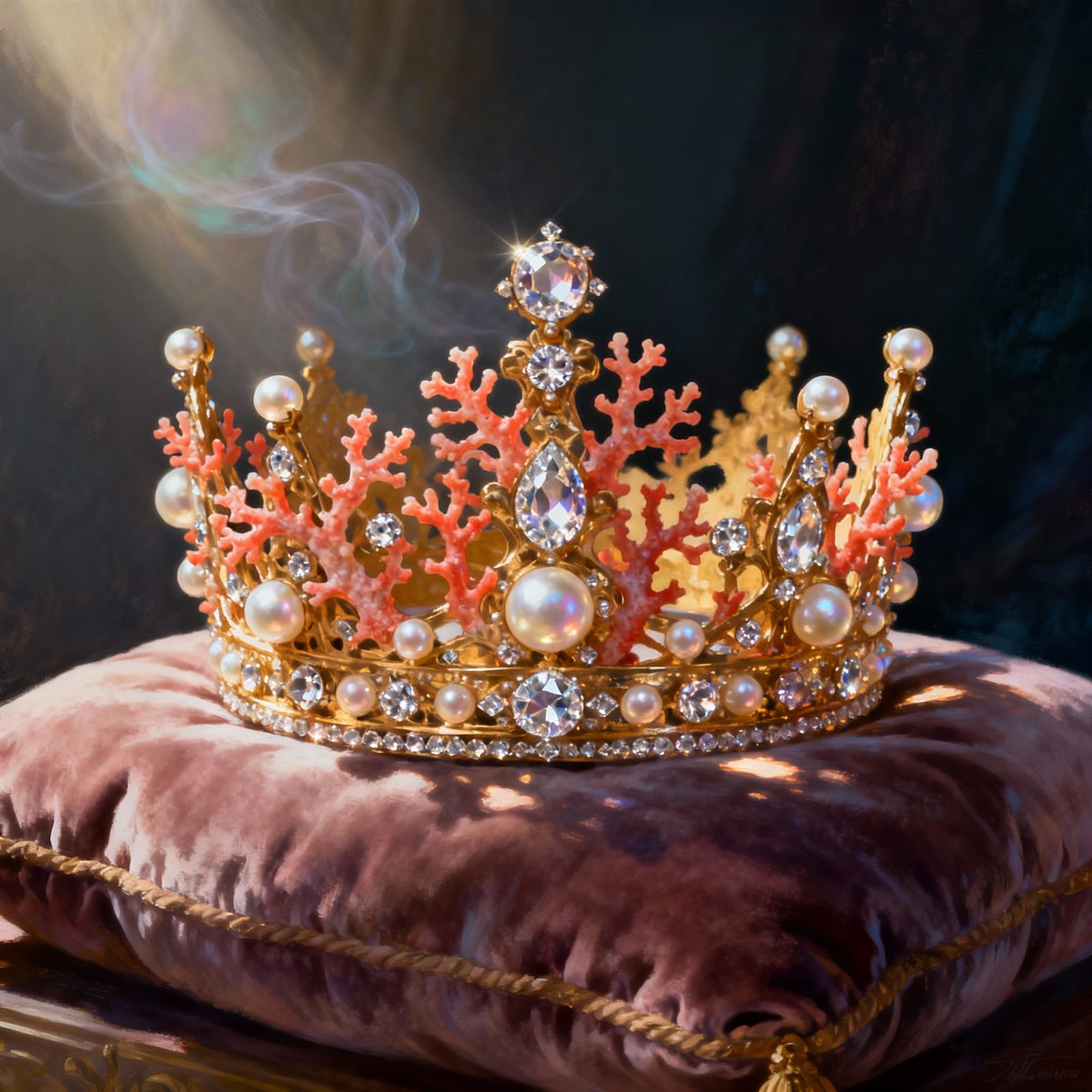 Ornate Gold Crown with Coral, Pearls, and Diamonds