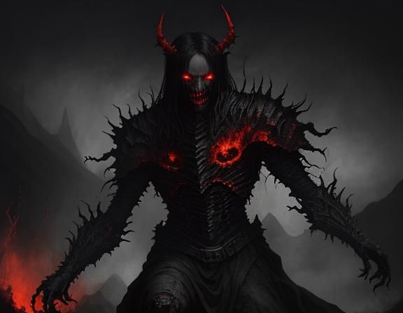Demonic Figure in Hellish Landscape: A Dark Fantasy Illustra...