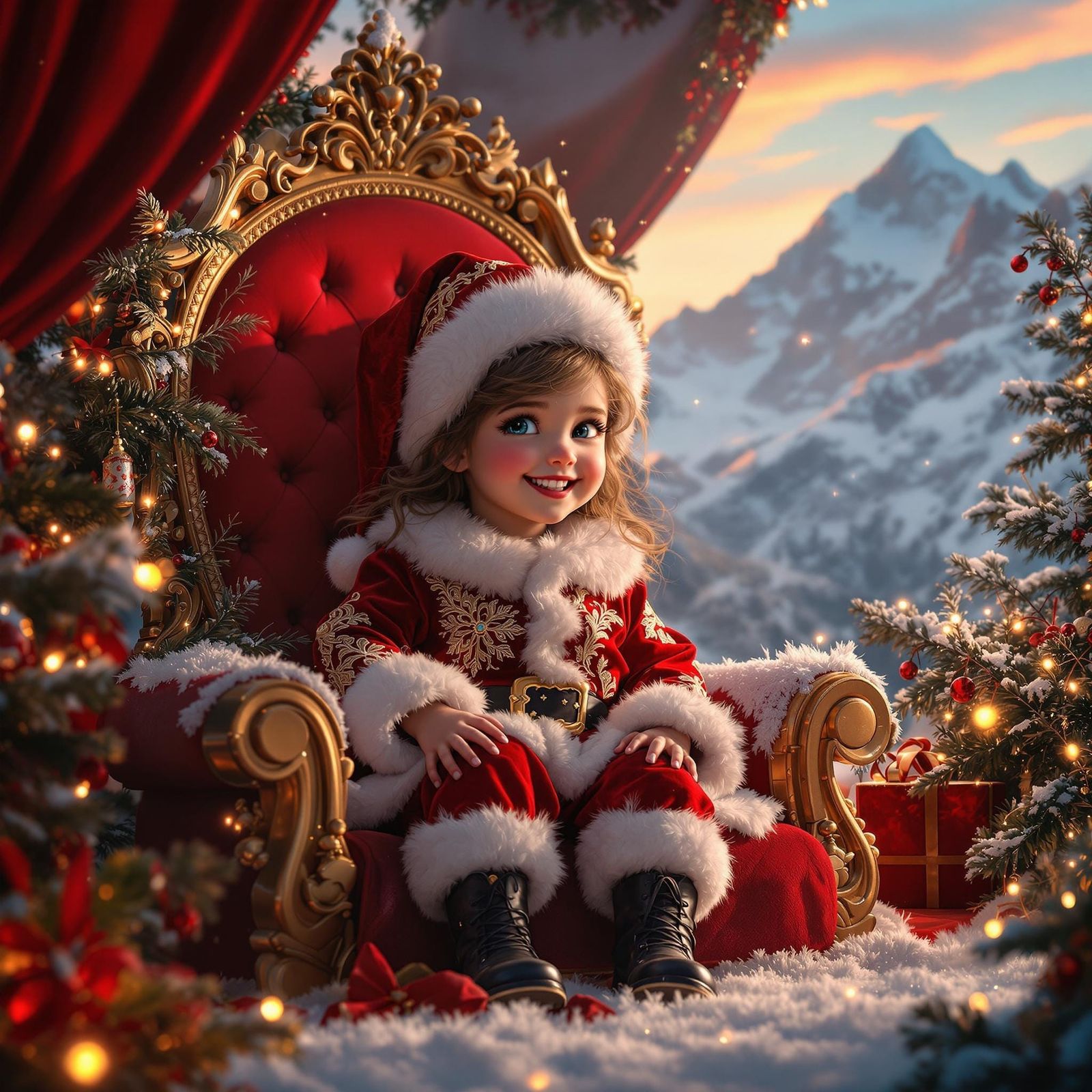 Whimsical Santa Girl Reigns in Snowy Fantasy Landscapes