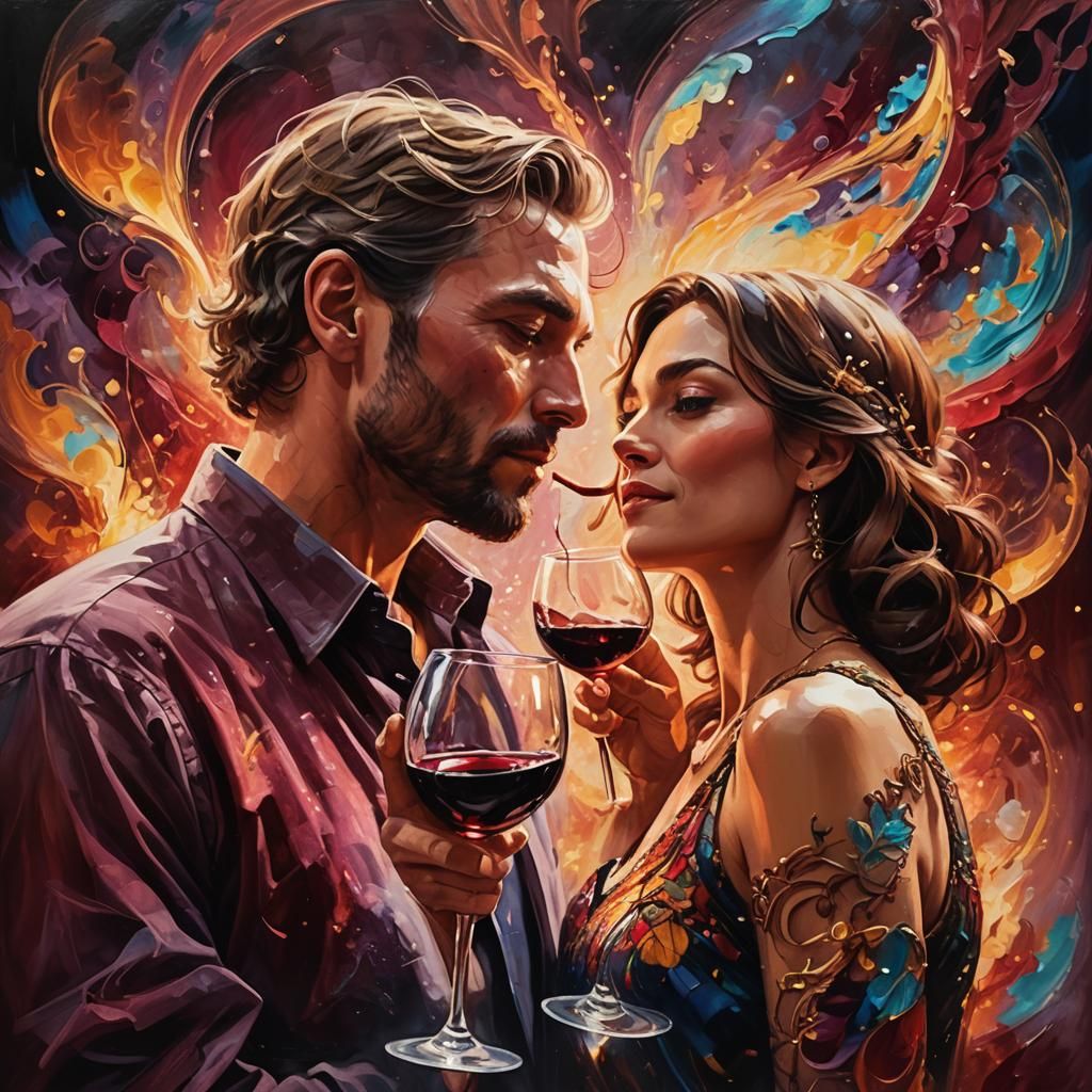 Hyperrealistic Couple Embracing with Joint and Wine