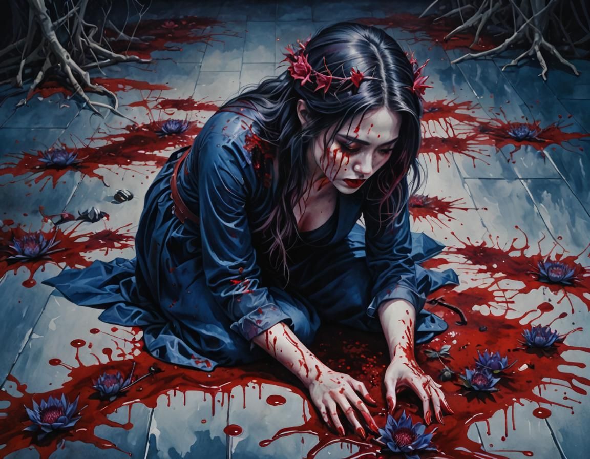 Gory Watercolor: Young Woman in Pool of Blood