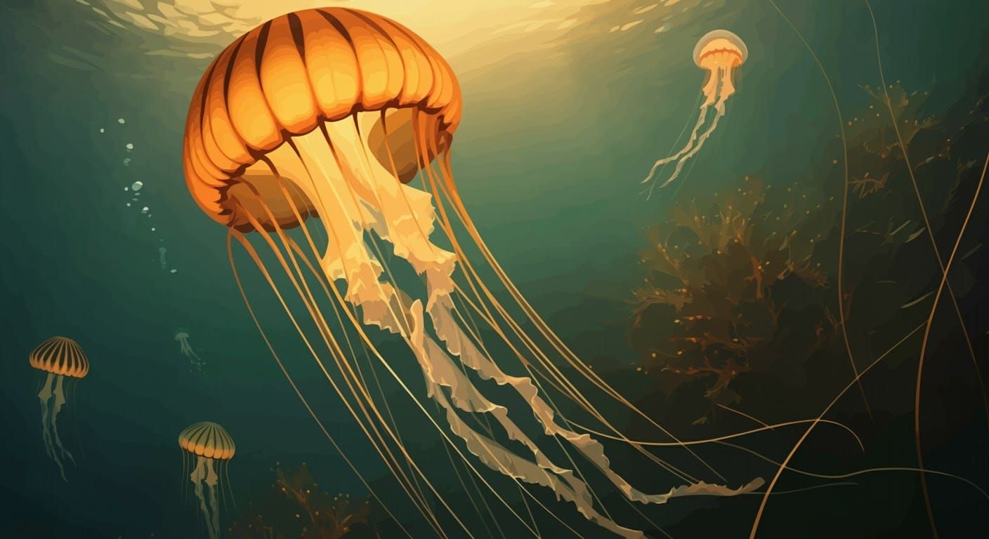 Bioluminescent Jellyfish in Golden Hour Underwater Garden