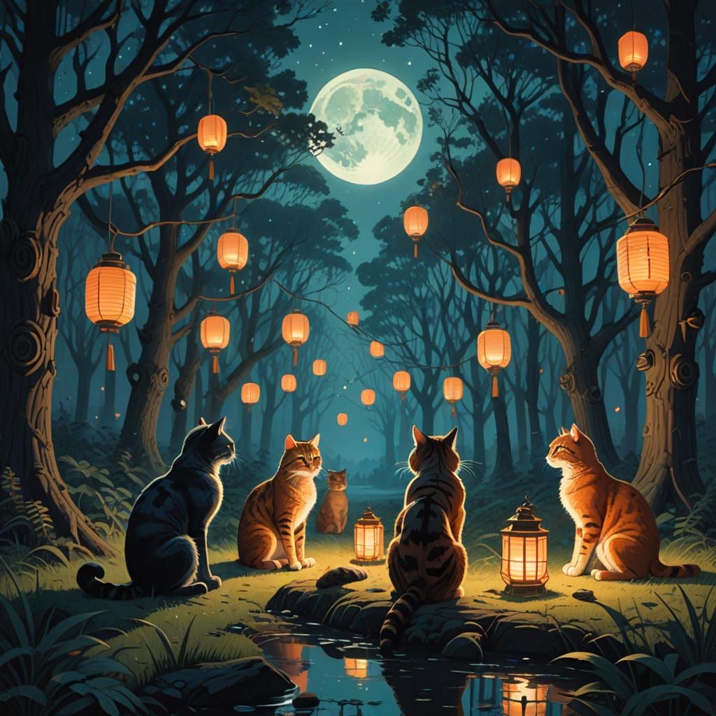 Majestic Cats Play Luminous Instruments in a Whimsical Fores...