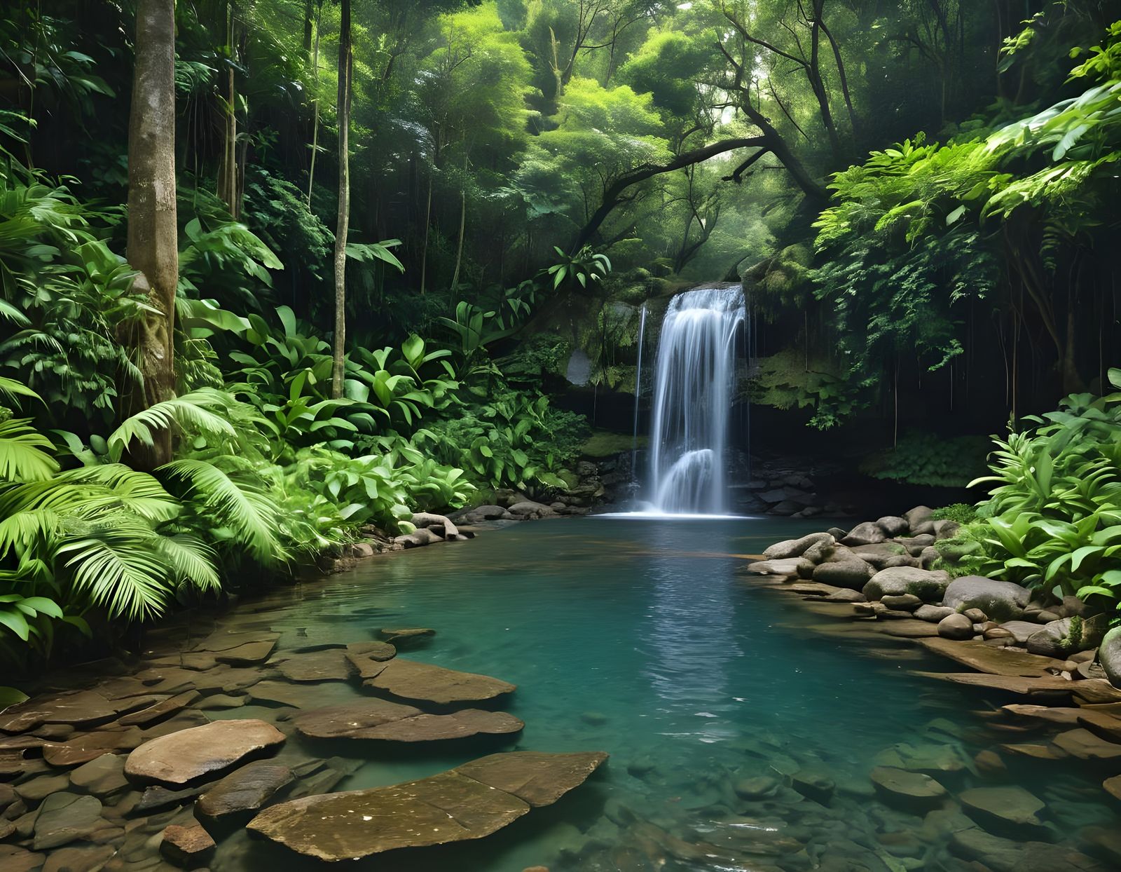 Secluded Waterfall in Lush Green Forest