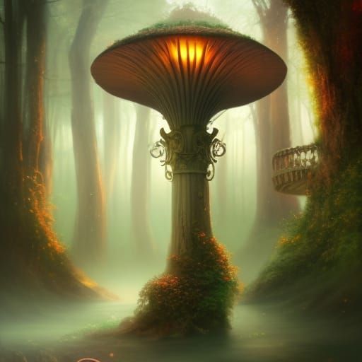 Ethereal Amanita Mushroom in a Dramatic Landscape