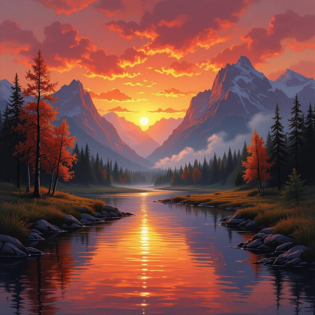 Luminous Sunset Mountain Landscape Painting