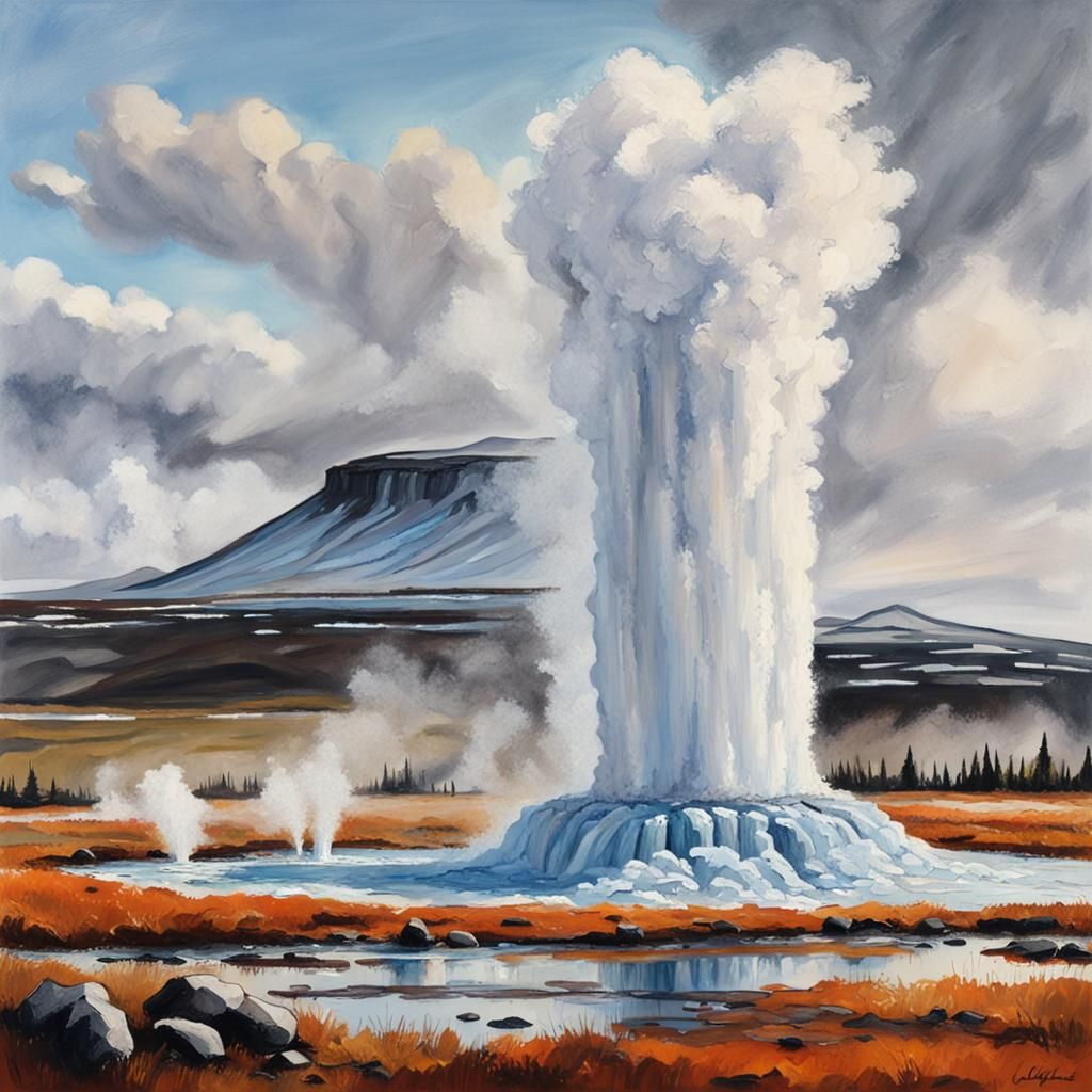 Icelandic Geysir Landscape Painting with Volcano