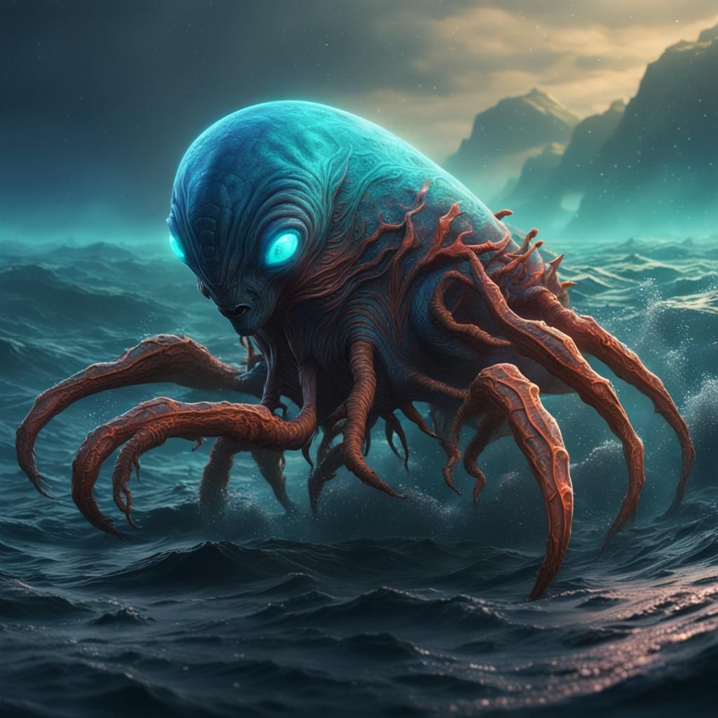 Vibrant Alien Creature in Deep Ocean: Fantasy Art