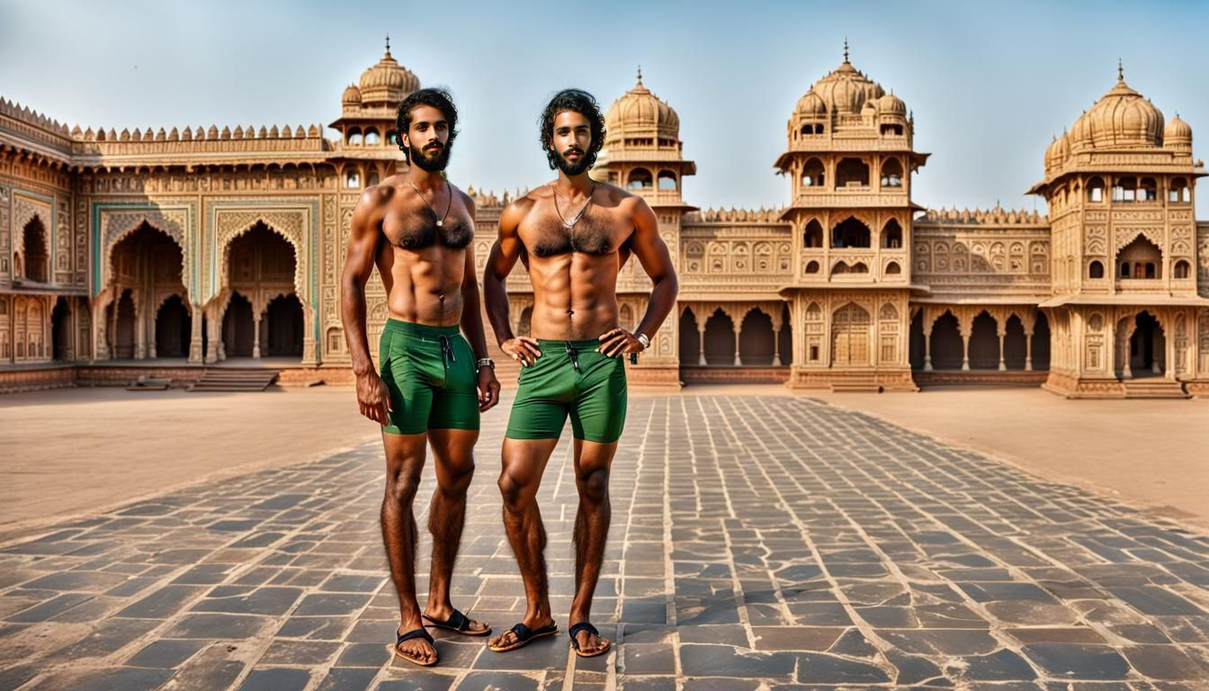 Shirtless Men in Indian Palace Courtyard