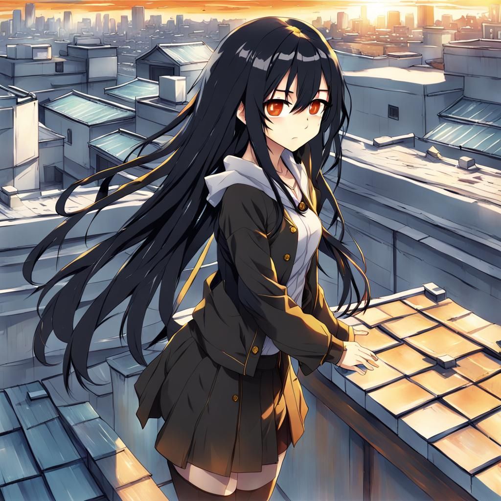 Anime Girl with Amber Eyes on Rooftop