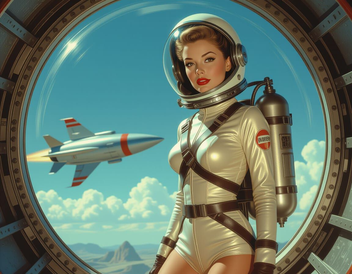 Retro Sci-Fi Pinup in Spacesuit with Rocketship