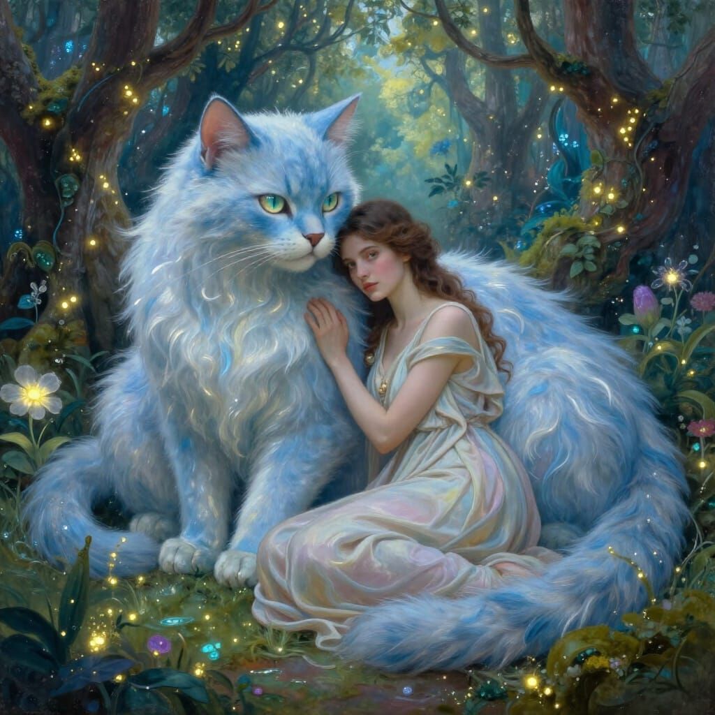 Woman Embraces Giant Luminous Cat in Enchanted Forest