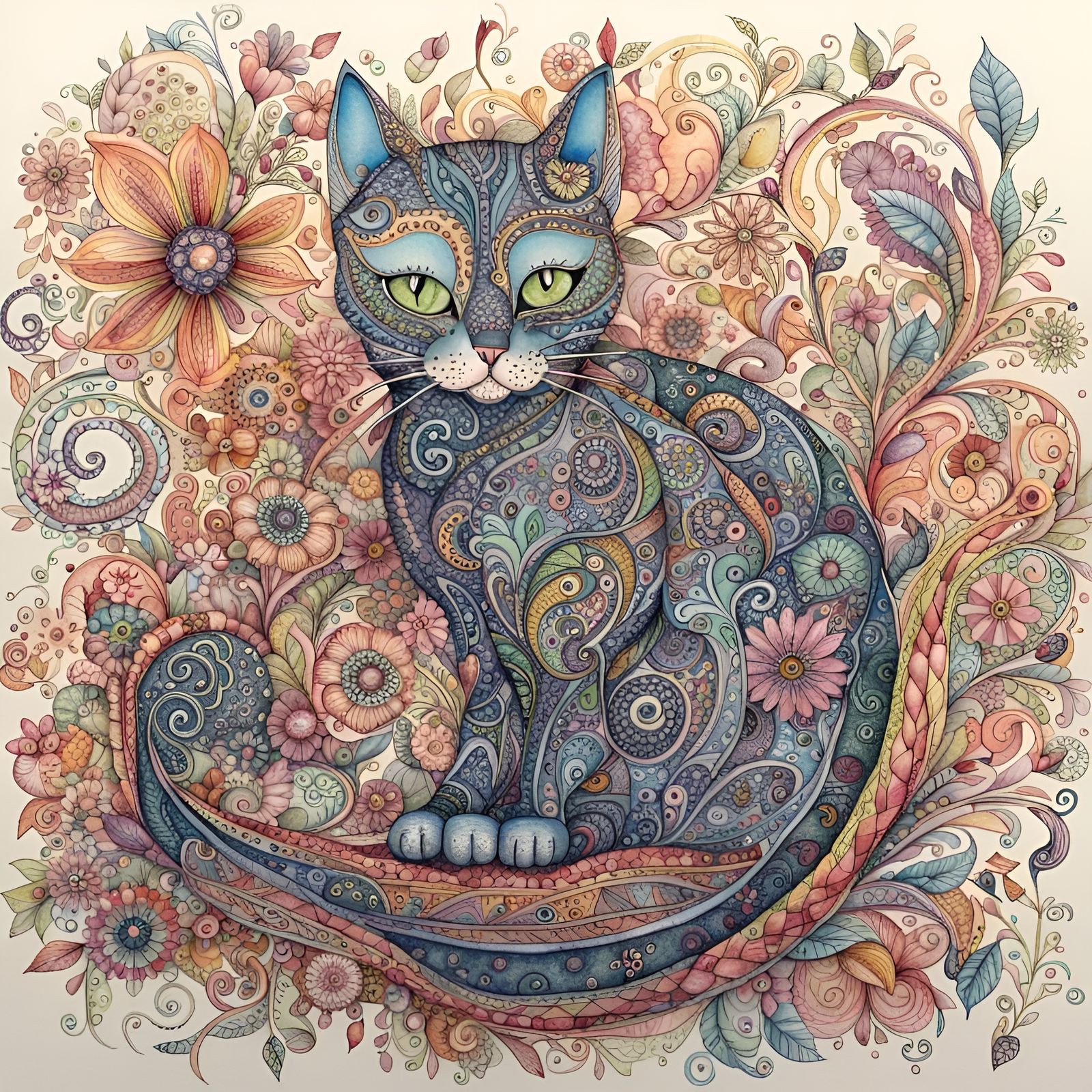 Whimsical Watercolour Cat with Paisley Flowers