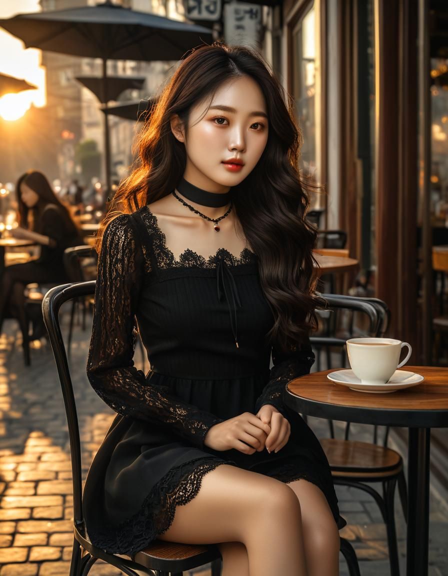 Chiaroscuro Oil Painting: Korean Woman in Cafe