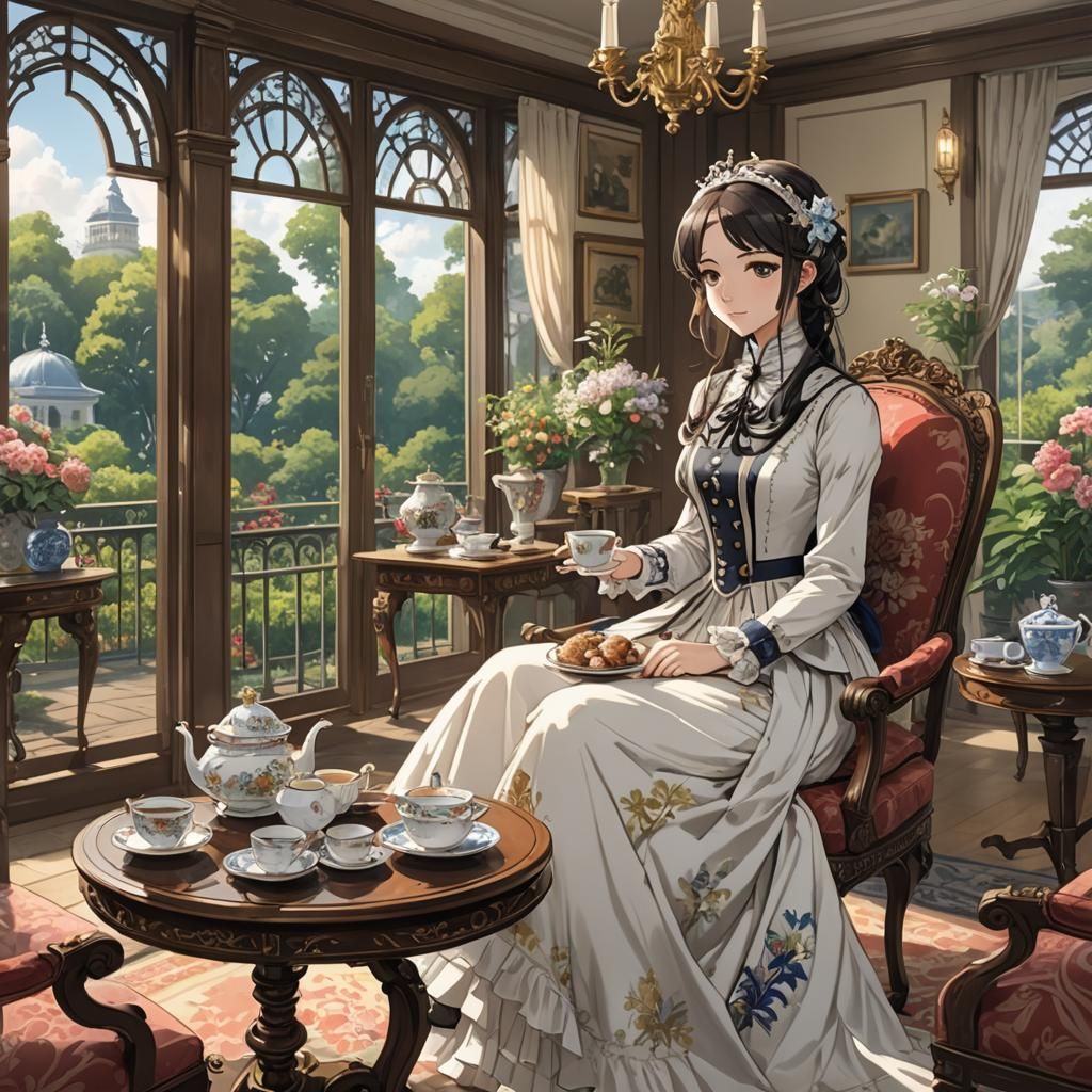 Baroness Having Tea in Anime Style Room