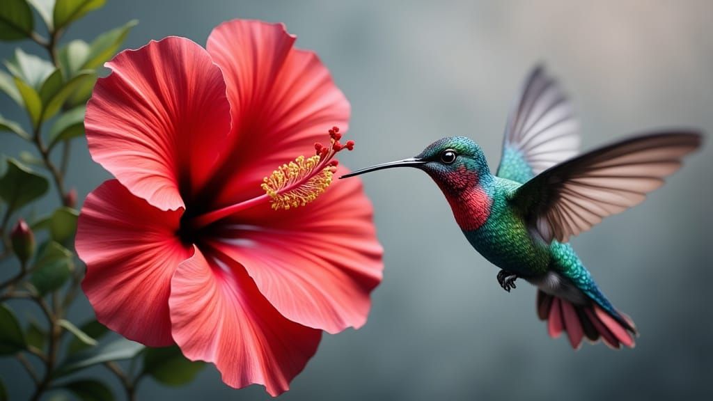 Vibrant Red Hibiscus Flower with Hummingbird in Flight