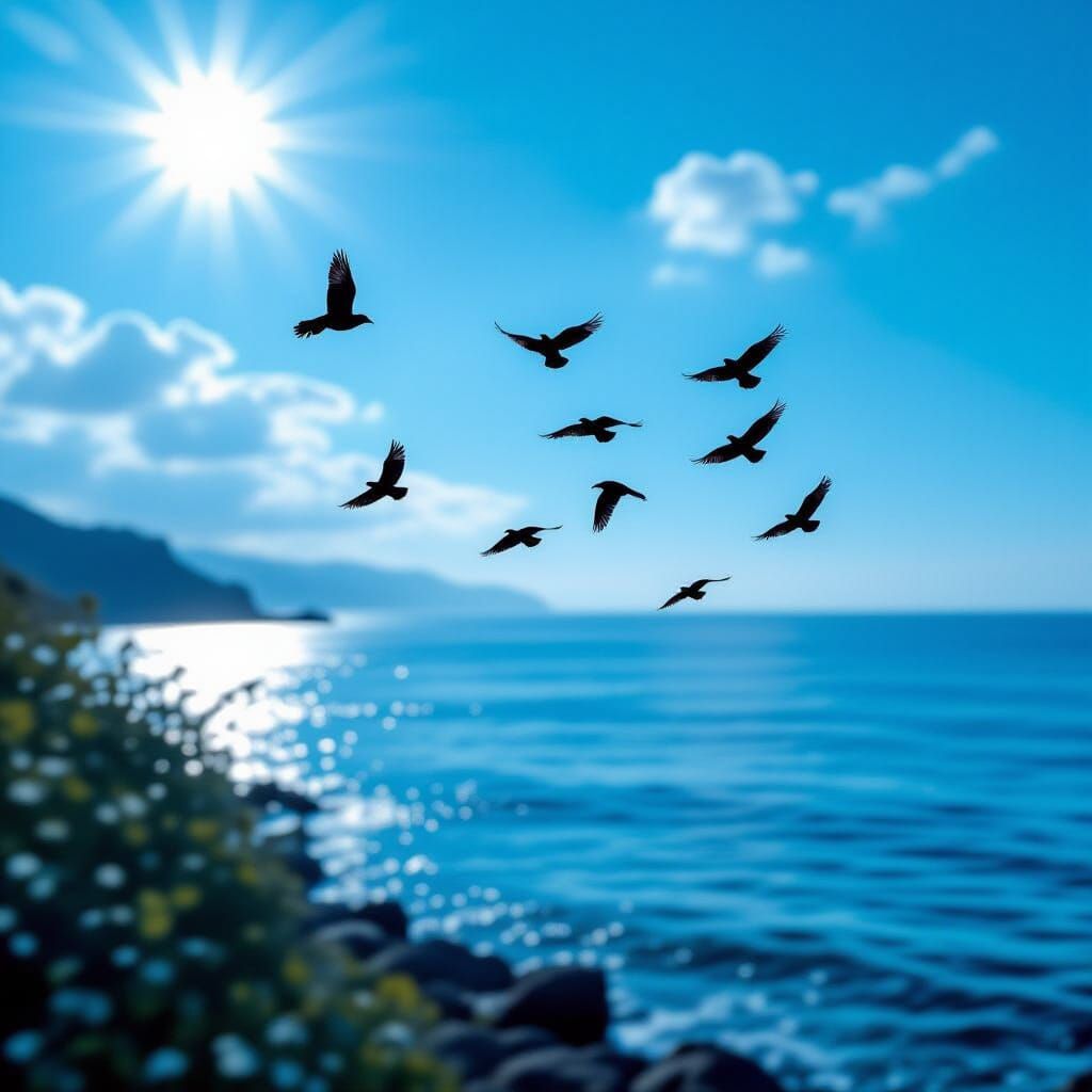 Black Birds Fly Over Blue Sea in Ethereal Photography