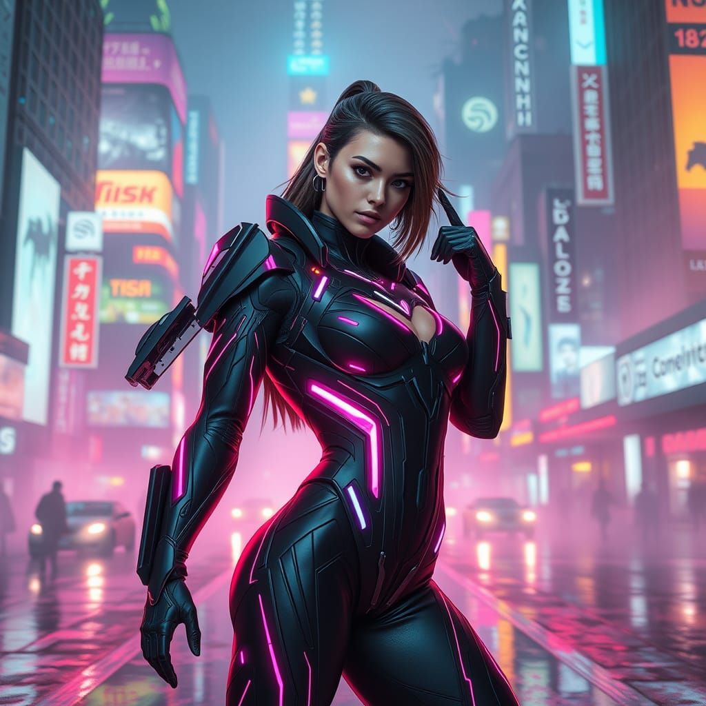 Cyberpunk Heroine Posing in Neon-Lit Cityscape