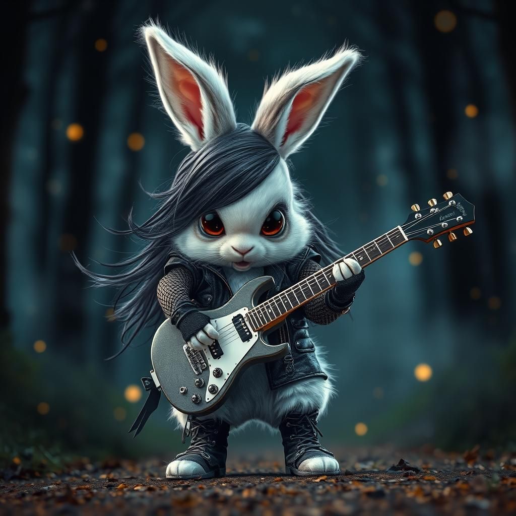 Bunny Rockstar in a Misty Forest, High-Definition Photo