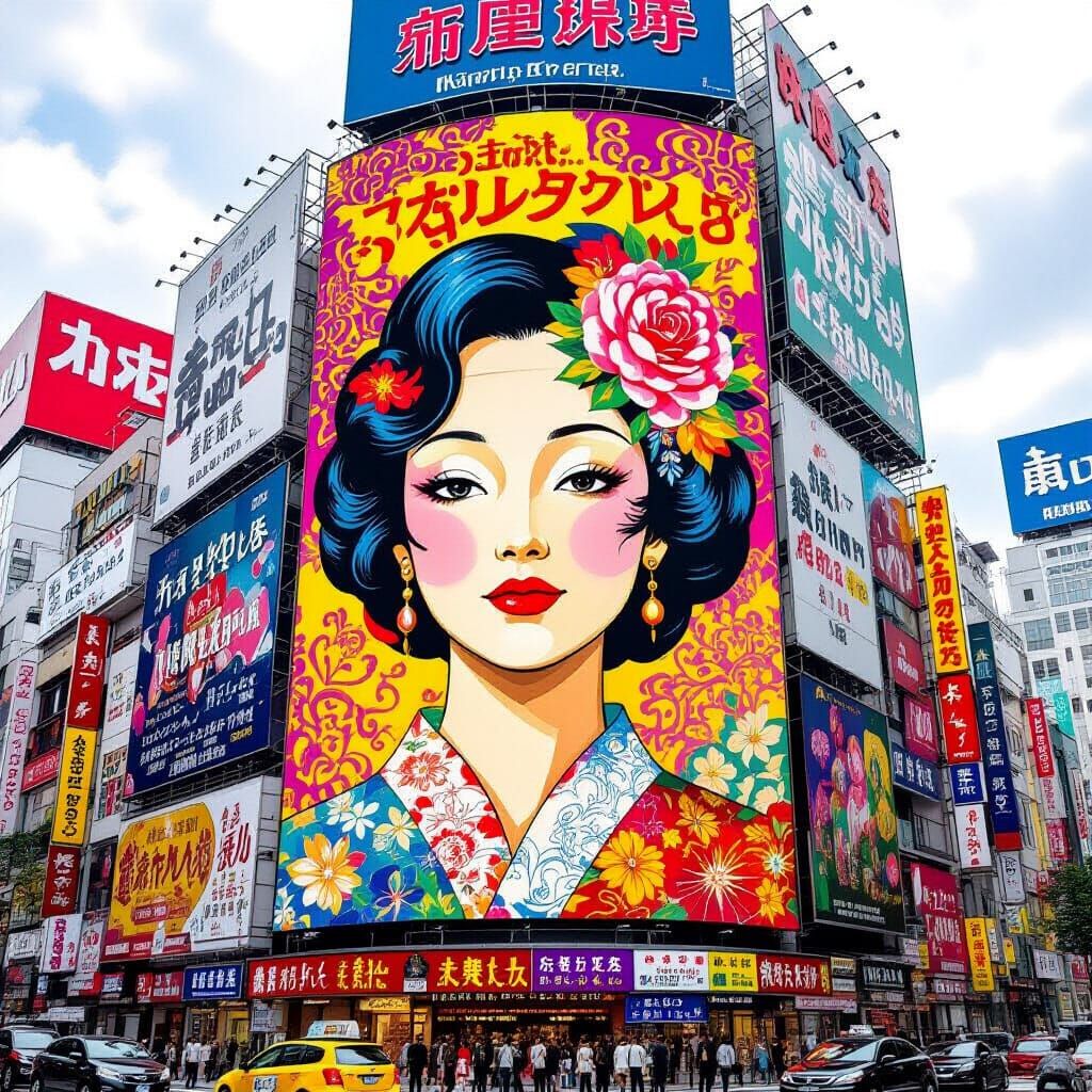 Vibrant Cityscape with Surreal Pop Art Advertisements
