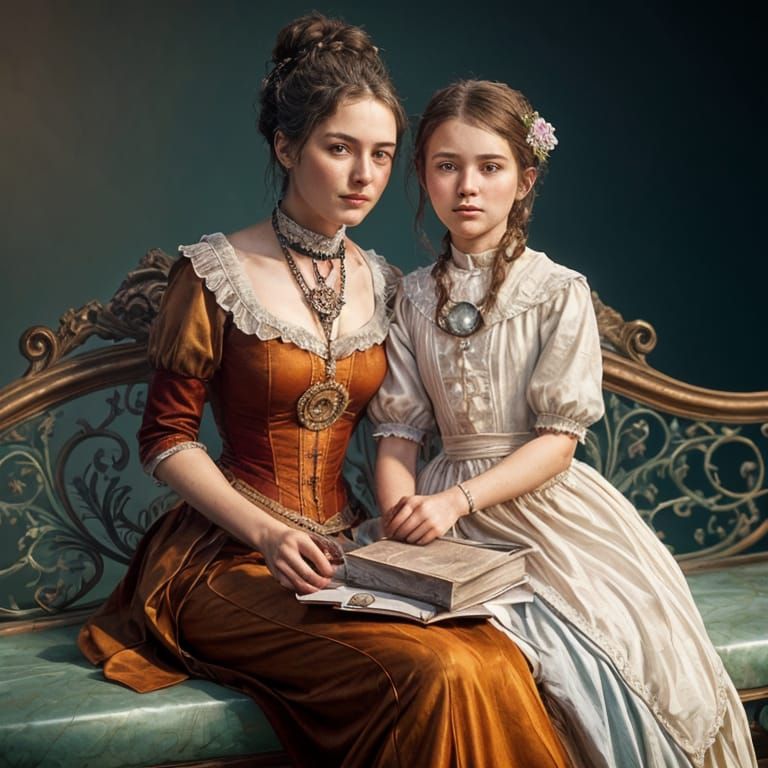 Victorian Mother and Daughter Portrait in Art Nouveau Style