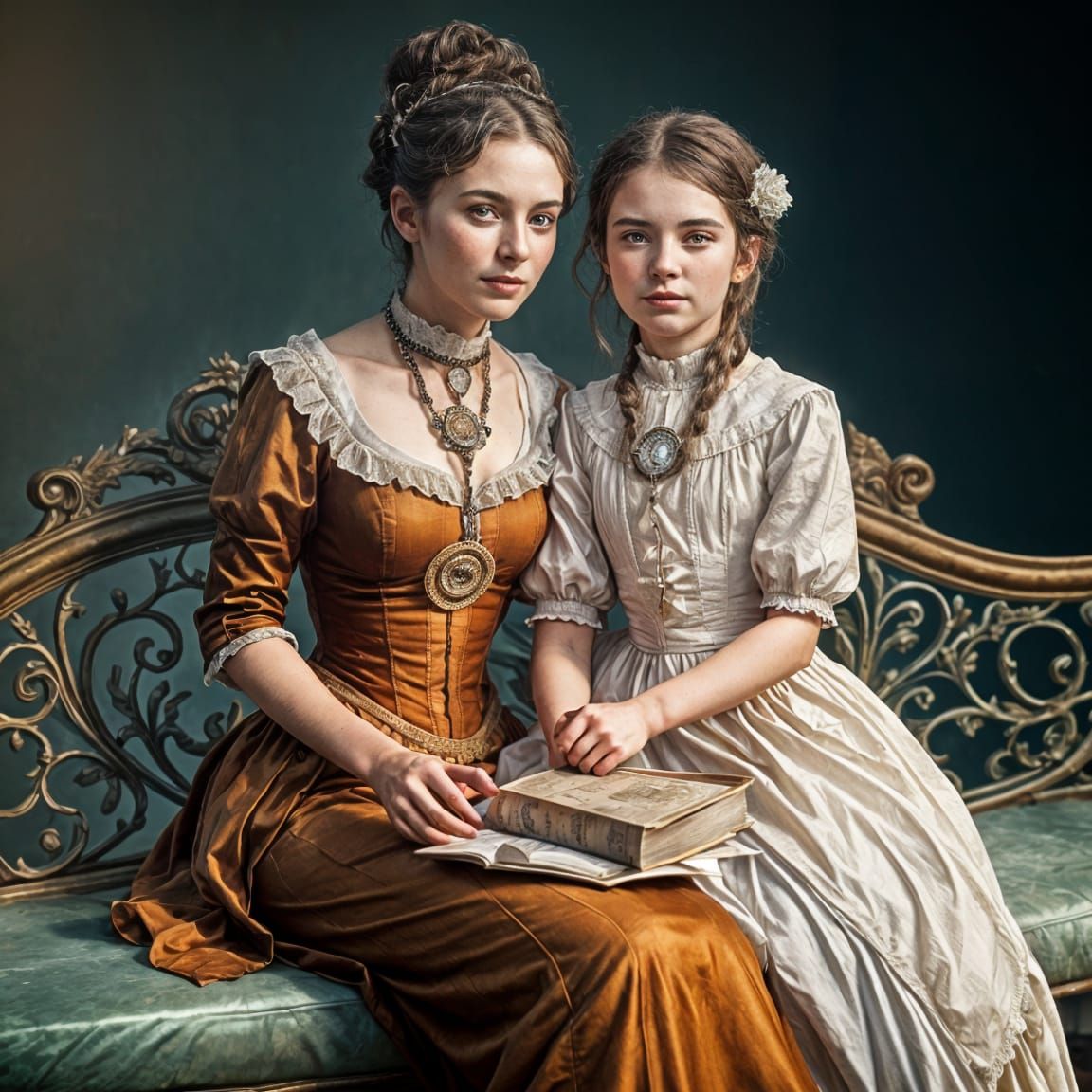 Victorian Mother and Daughter Portrait in Art Nouveau Style