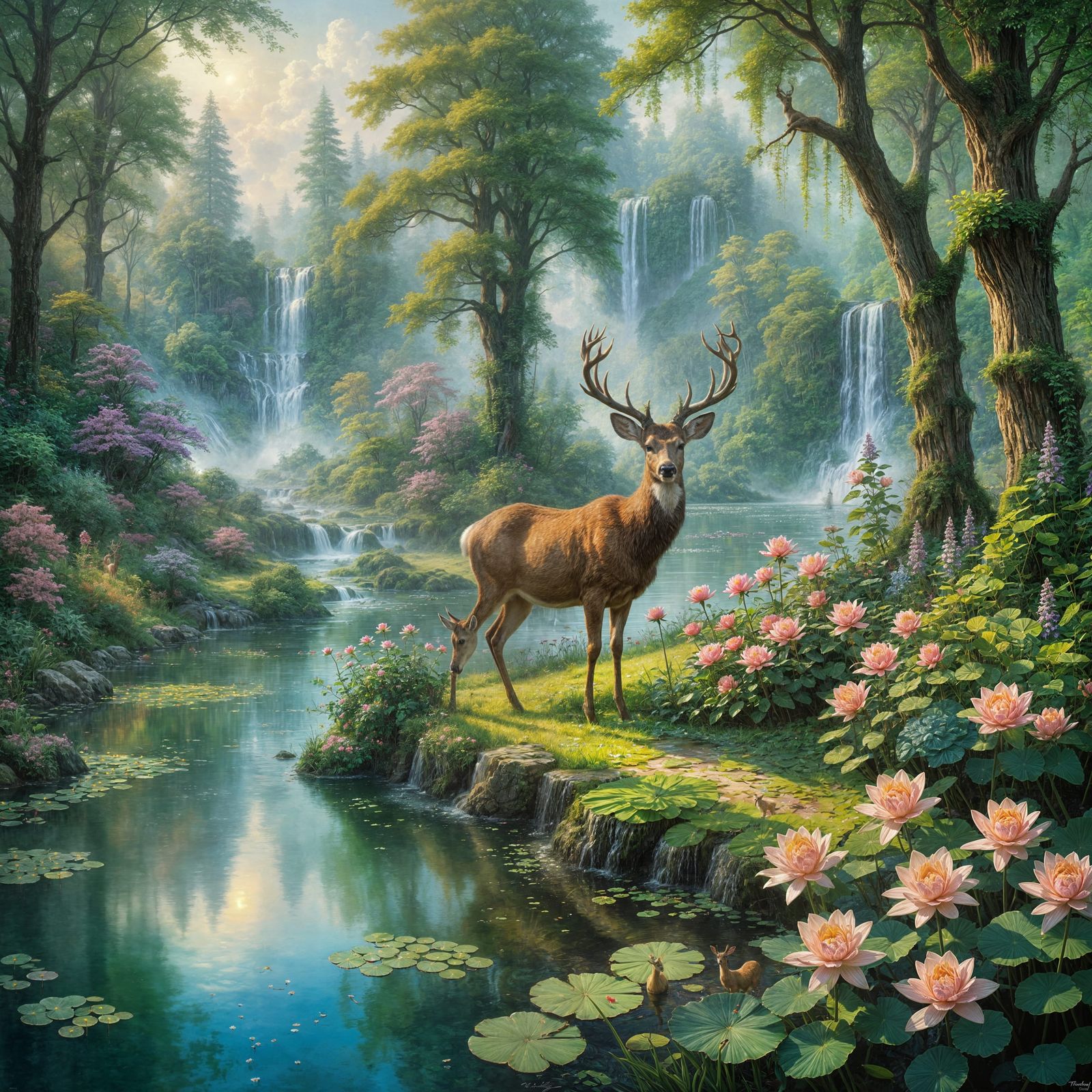 Vibrant Morning Forest with Waterfalls and Blooms in Realist...